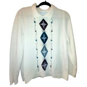 Vtg Womens Floral Embroidered Sweater Coquette Preppy School Girl Large Collar M